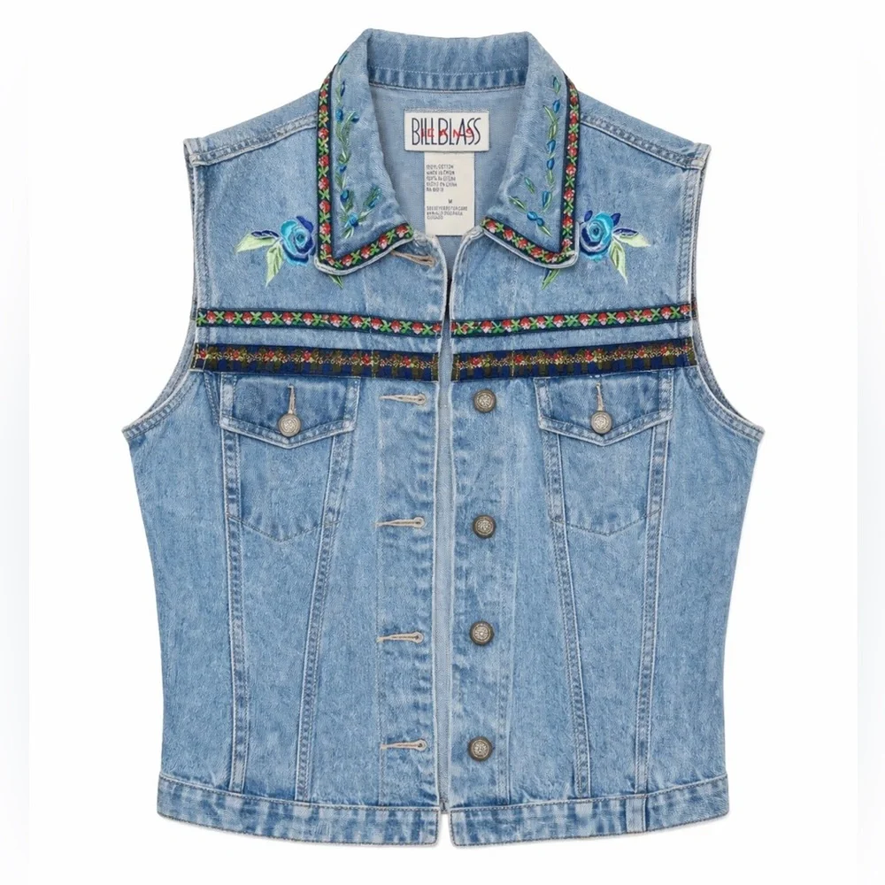 Vintage Bill Blass Denim Vest Embroidered Boho Western Floral 90s- Medium - Picture 2 of 8